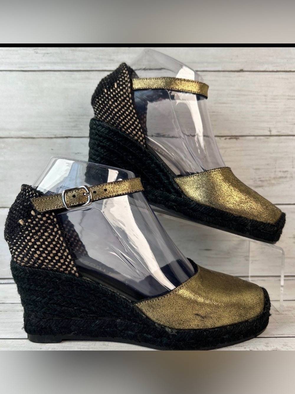 Paseart Espadrille Sandals Womens 5.5-6/36 Metallic Gold Leather Wedge Heel Shoe